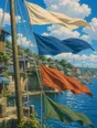 Painted anime scene: The harbor flags snapping taut in a fresh bright wind, halyards ringing, water sparkling hard behind them.