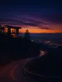 Film photograph: one house with warm lit windows high on a dark hillside, a road switchbacking down to distant town lights.