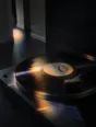 Prism-light photograph: A record turning on a turntable in an empty room, sun combing spectrum off the vinyl grooves.