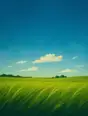 Grainy gradient illustration: A wide green meadow in soft full sunlight, tall grass leaning easy in a light wind.