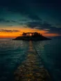 Film photograph: a small island house at high tide, its stone causeway disappearing under glittering teal water.