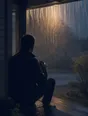 Motion photograph: a man sitting up on his front step at dawn with a coffee, watching the rain come down hard past the porch light