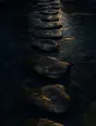 Dawn aerial photograph: worn stepping stones crossing a small river, each dished smooth by use.