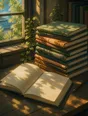 Painted anime scene: A tall stack of finished notebooks with softened worn spines beside one open on its last pages, afternoon window light across them.