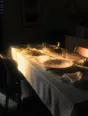 Prism-light photograph: A long table after a meal, plates stacked and napkins crumpled and chairs pushed back, late sun raking the linen.