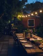 Dark cinematic photograph: A long table set for many in a back garden, strung lights just come on at dusk.