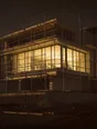 Struck-light photograph: scaffolding around a half-built modern house at dusk with one finished glazed floor lit behind it