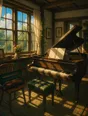 Painted anime scene: A music room with a piano open and morning sun in bars across the keys, sheet music as soft unreadable texture on the stand, a violin case open on a chair.