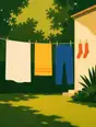 Grainy gradient illustration: A line of laundry drying in full honest sun, simple bright shapes against warm green.