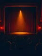 Film photograph: a theater audience in dark silhouette facing an empty stage waiting under a single golden spotlight.