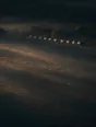 Dawn aerial photograph: a row of white beehives at the edge of a frosty meadow, farm dark beyond.