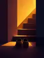 Grainy gradient illustration: Shoes left side by side at the foot of a staircase, the last warm light of the day falling down the stairwell in flat planes.