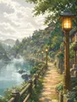 Painted anime scene: The river path on a silver-bright overcast day, gentle mist over the water, the path lamps glowing warm all the way along, everything soft but never gray.