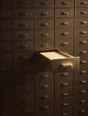 Struck-light photograph: a wall of shallow archive drawers with exactly one pulled open, its edge catching the light
