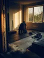 Dark cinematic photograph: A half-renovated room with new floor going down, low sun through bare windows.