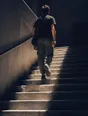 Motion photograph: a man walking up an open concrete stair at midday, one clean diagonal of sun across the treads