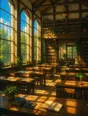 Painted anime scene: The high-windowed library reading room in full morning glory, sun streaming in bars across every table, the stacks glowing warm, one green lamp lit.