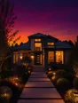 Film photograph: a house at dusk seen from the front walk, every window glowing warm under a plum and gold sky.