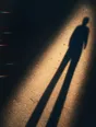 Prism-light photograph: The long shadow of a person thrown across sunlit pavement, the person out of frame.