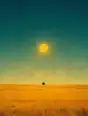 Grainy gradient illustration: One round unbroken sun standing full above a wide golden field at the day's height.