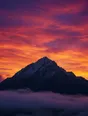 Film photograph: a mountain rising alone above low fog, its summit crisp against a magenta and gold dawn sky.