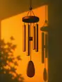 Grainy gradient illustration: A wind chime hanging completely still in golden evening air, long soft shadows behind it.