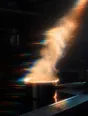 Prism-light photograph: A pot simmering on a hob with steam lifting off it, one hard shaft of sun cutting through the steam.