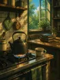 Painted anime scene: A kettle just set on the stove with the flame lit, a cup ready, books stacked on the kitchen table behind in morning light.