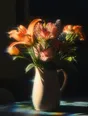 Prism-light photograph: Cut flowers opened out in an opaque ceramic jug on a table, hard sun through the petals.