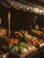Struck-light photograph: a market stall at dawn with the best of the day set out along the front and the awning still wet