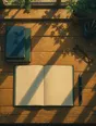 Painted anime scene: A desk laid out from directly above before work begins: books squared, the page open, pen aligned, glasses folded, noon light across the wood.