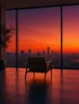 Film photograph: a wide loft at dawn, floor-to-ceiling windows full of rose and amber sky, one chair facing the view.
