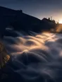 Motion photograph: a river running full and fast through a town at first light, the bridge stone sharp above it