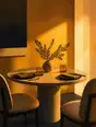 Grainy gradient illustration: A small round table set for exactly two, golden evening light across it.