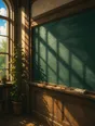 Painted anime scene: A chalkboard wiped clean and still wet, catching the window light, fresh chalk and a cloth on the rail below.