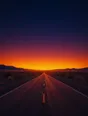 Film photograph: a straight empty desert road running dead-center toward a blazing gold horizon under an indigo sky.