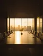 Struck-light photograph: an empty boardroom at first light, one chair pushed back, the city bright through the glass wall