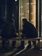 Motion photograph: two men talking on a bench outside a lit building at night, both leaning forward and one mid-gesture