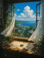 Painted anime scene: A desk at a wide-open window at blue noon, pages held down by a smooth beach stone against the breeze, curtains lifting, the bay bright beyond.