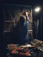 Dark cinematic photograph: One technician's back at a tall wall of patch cables, reaching up into it.