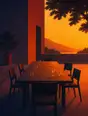 Grainy gradient illustration: A long outdoor dinner table rendered in simple flat shapes, chairs pushed back at loose angles and glasses still catching the last golden light, everyone just gone inside, large plain color planes, no fine detail.