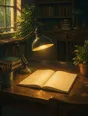 Painted anime scene: An articulated work lamp bent low to aim its warm pool onto one open problem set on dark wood, the rest of the afternoon room soft.