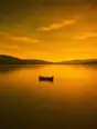 Grainy gradient illustration: A single canoe gliding across a gold evening lake, long slow ripples spreading behind it.