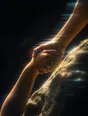 Prism-light photograph: A hand reaching down to pull another hand up over a rock ledge in hard sun.