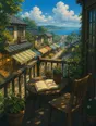 Painted anime scene: A quiet balcony above the market street in full swing: one chair, a small table with an open book, potted plants, the bright bustle soft below.