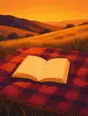 Grainy gradient illustration: A picnic blanket laid out for one on a golden hillside, a book lying open on it.