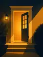 Grainy gradient illustration: Golden-hour light flooding a front porch, the front door standing open into warmth.