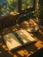 Painted anime scene: A bookmark laid into an open book, tea refilled and steaming, the chair pulled back in, the afternoon light moved long across the table since morning.