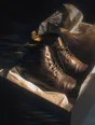 Prism-light photograph: A pair of new leather boots out of their box with tissue paper crumpled around them in hard sun.