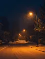Film photograph: heavy snowfall over a still empty street at night, warm cones of streetlamp light on untouched snow.